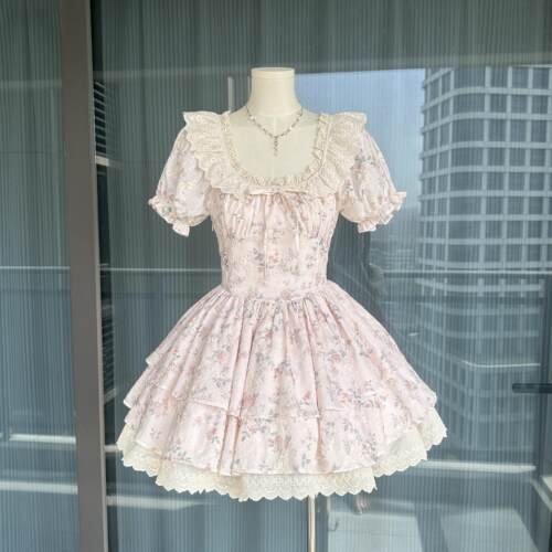 法式田园风温柔甜美碎花蕾丝连衣裙女夏季学生泡泡袖公主蓬蓬短裙