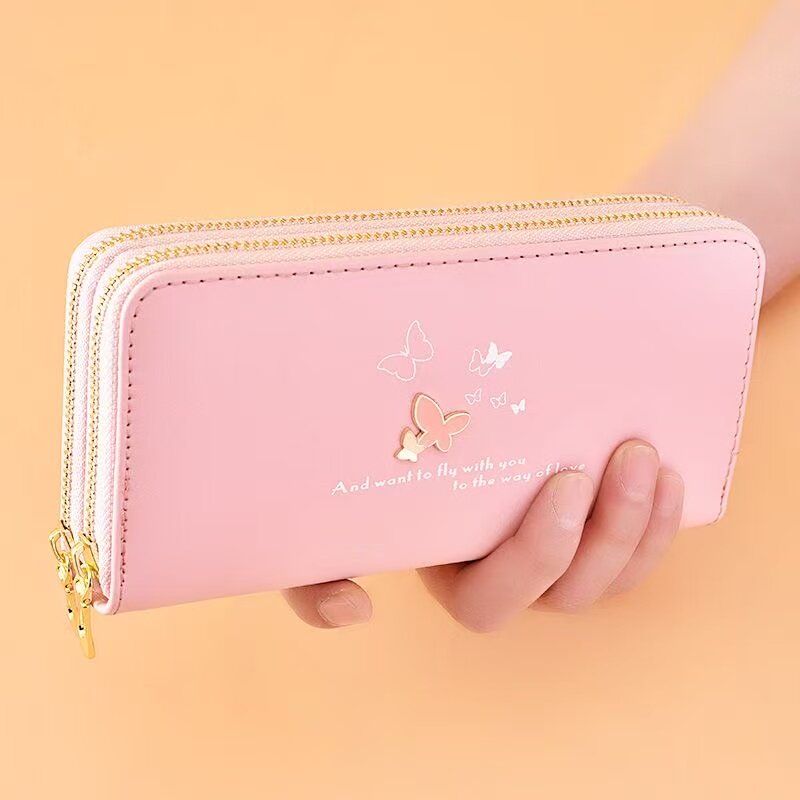 钱包女长款新款时尚手腕手拿包卡通蝴蝶双层拉链大容量手机包