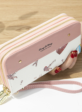 新款女士长款钱包双拉链手机包学生铆钉钱夹大容量手拿包软零钱包