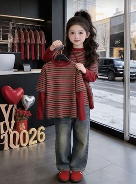 NASA女童韩版条纹长袖T恤女孩红色假两件撞色条纹百搭洋气上衣t恤