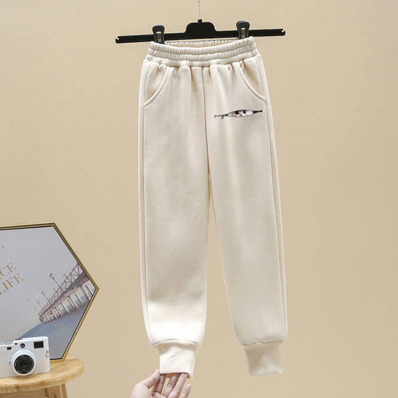 NASA女童猫咪纯棉杏色运动裤子男童中大童痞帅大码加厚一体绒裤子