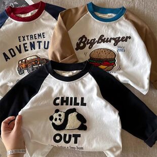 NASA童装潮牌纯棉长袖T恤男童熊猫汉堡毛巾绣t恤汗衫儿童拼接上衣