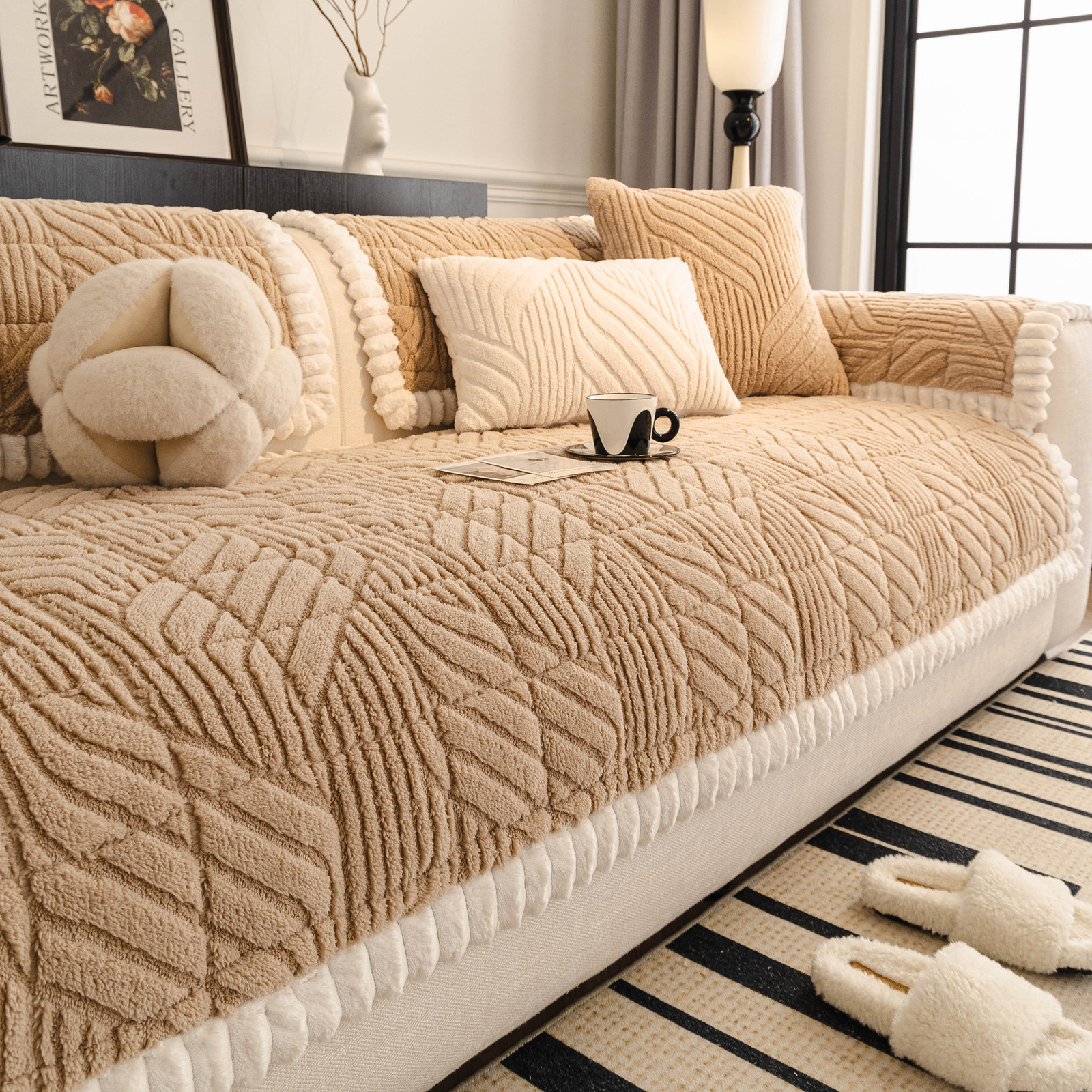 绗缝沙发垫秋冬加厚毛绒沙发套罩巾固定防滑皮沙发坐垫极简风靠背