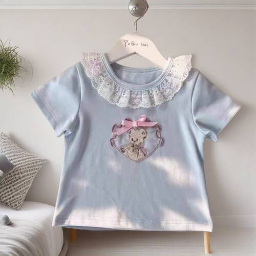 2025夏季新款女童童装短袖蕾丝宝宝夏装洋气T恤儿童纯棉刺绣上衣