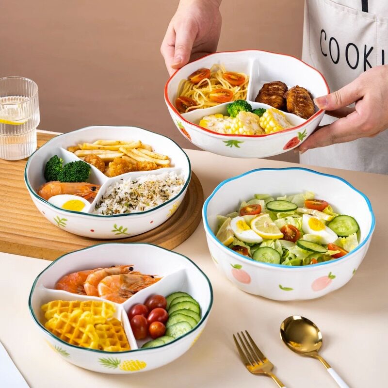 日系陶瓷加深分格餐盘带盖子减脂三格盘儿童便当可微波炉盘子水果