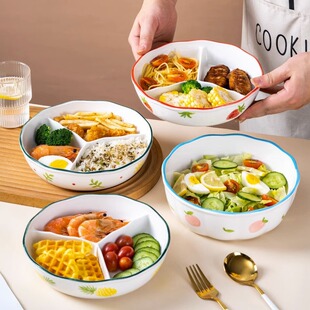 日系陶瓷加深分格餐盘带盖子减脂三格盘儿童便当可微波炉盘子水果
