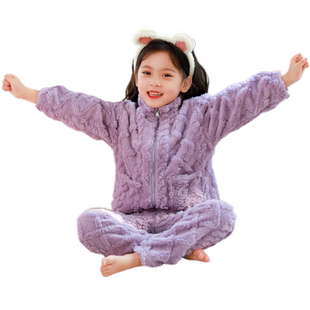 儿童睡衣法兰绒春秋冬季加厚款珊瑚绒女童家居服男童小孩加绒宝宝