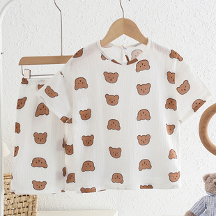 【100%纯棉】夏季儿童睡衣短袖男童小女孩纯棉纱家居服薄款宝宝