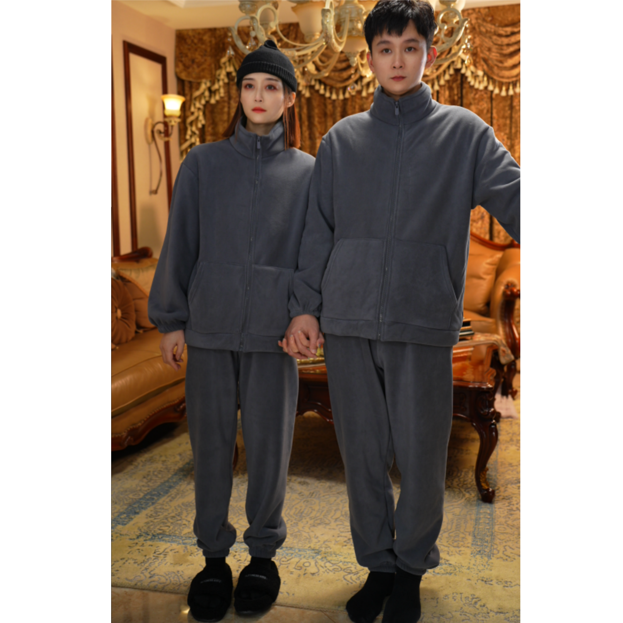 冬季奥利绒加绒加厚款外穿亲子装套装青少年大学生情侣家居服防风