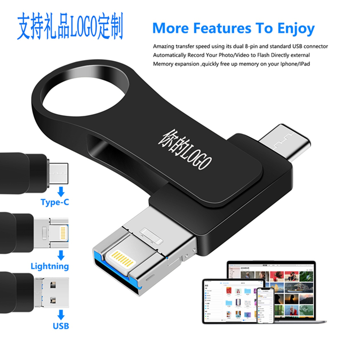 四合一OTG手机U盘适用苹果/TYPE-C/安卓/USB U盘商务礼品定制LOGO