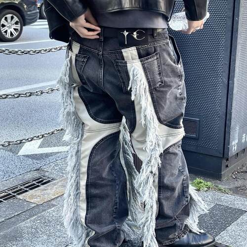 自主Thug club 重磅小众潮流苏莫西干拼接拼皮水洗长裤先锋牛仔裤