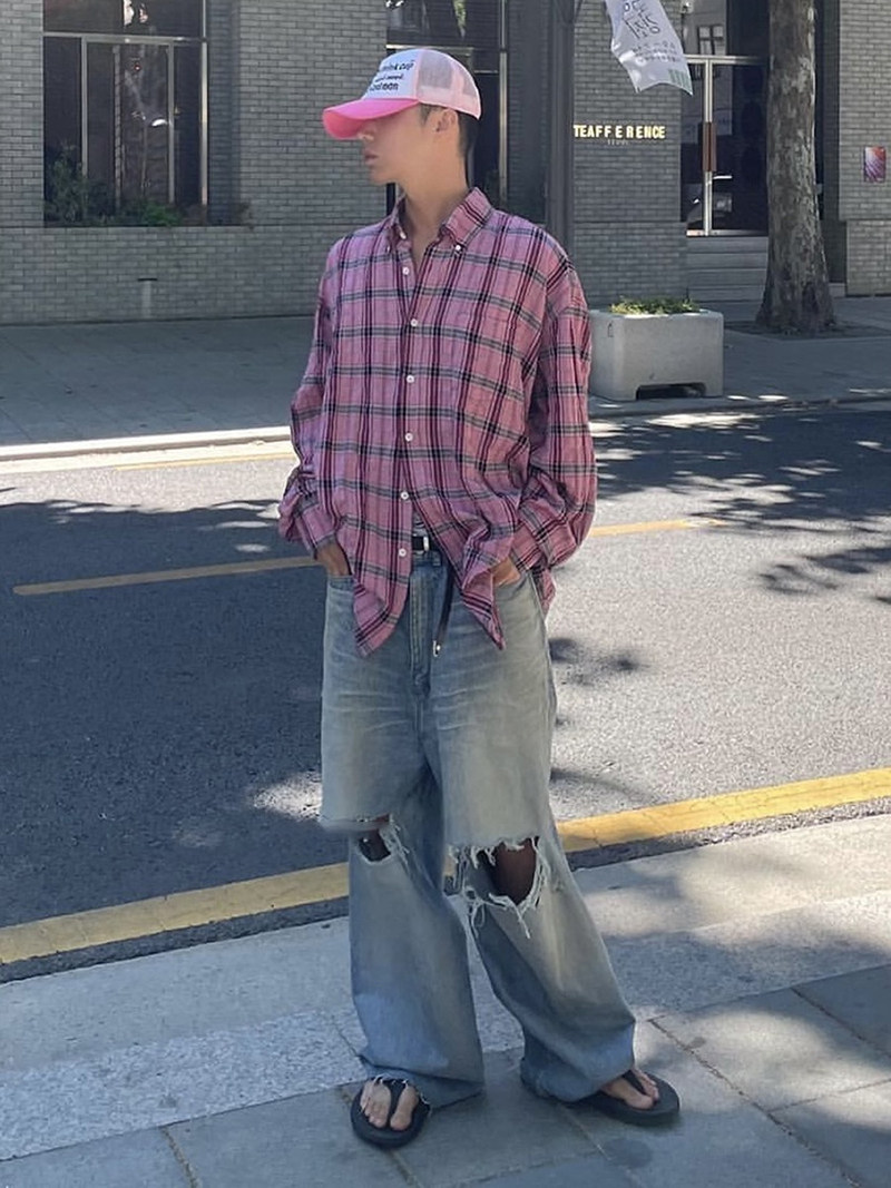 格子衬衫褶皱慵懒长袖