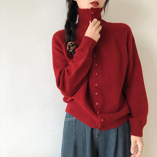 安婷露秋冬新款高领针织开衫女复古韩系慵懒风高级感宽松毛衣外套