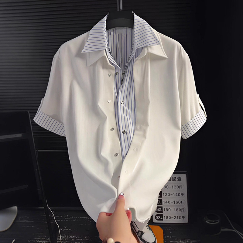 假两件条纹拼接短袖衬衫男夏季薄款宽松休闲百搭衬衣凉感潮流百搭图片