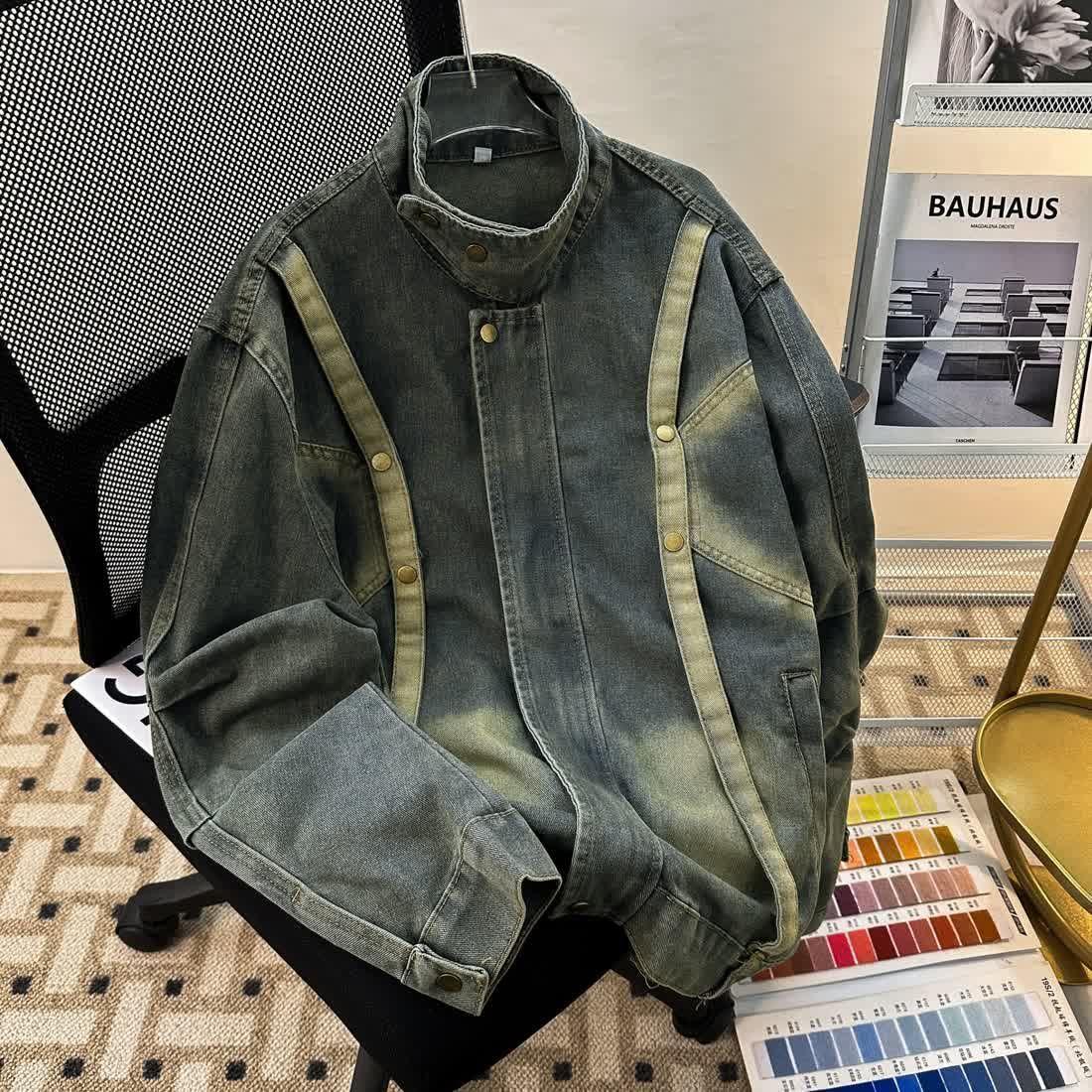 大码250斤美式复古高级感牛仔夹克外套男宽松小众设计感春秋季