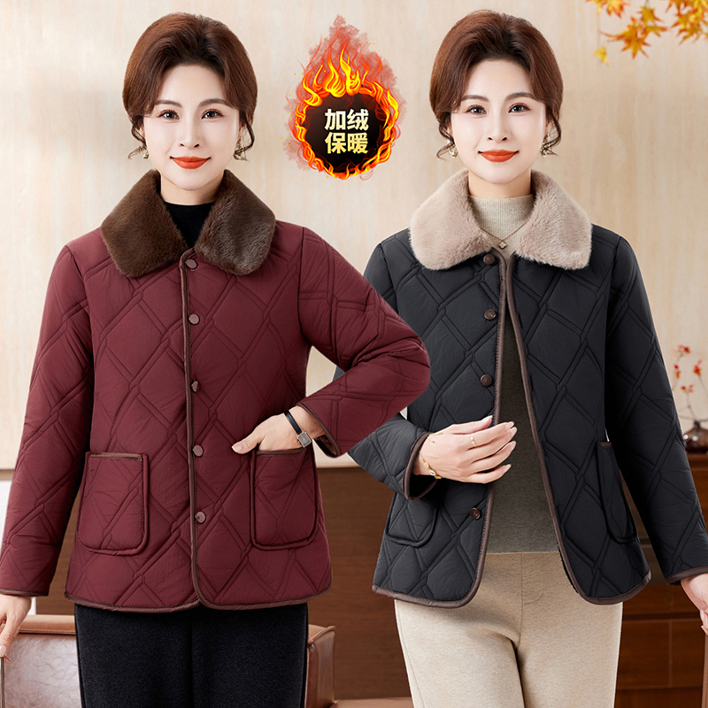 妈妈装毛毛领加绒棉衣外套