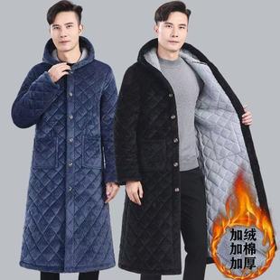 家居服防脏罩衣 过膝三层夹棉连帽男士 冬装 棉衣加绒加厚保暖加长款