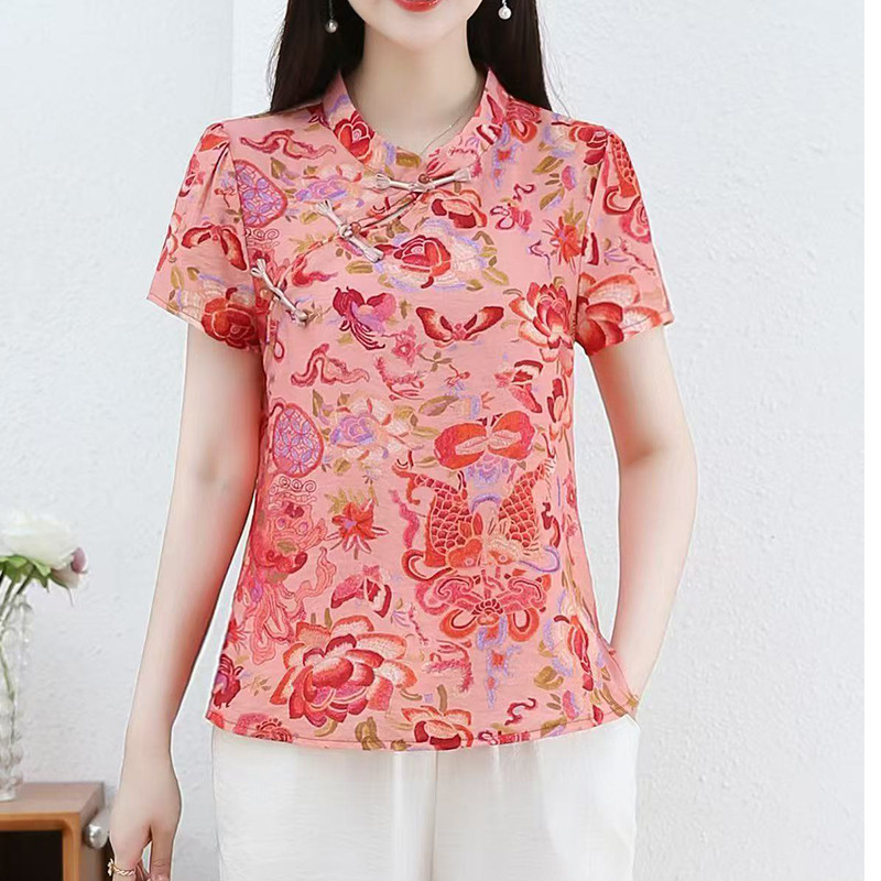 2025夏季新款中年妈妈装国风短袖衬衫女宽松上衣女盘扣衫衬衣套头 - 欧彩精品店出品