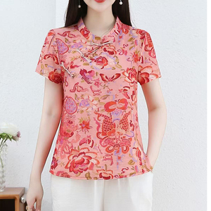 2025夏季新款中年妈妈装国风短袖衬衫女宽松上衣女盘扣衫衬衣套头