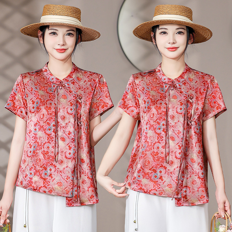 2025新款夏缎面短袖设计感新中式时尚气质女翻领t恤百搭气质上衣