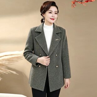 秋装新款外套中老年女装妈妈洋气毛衣大衣双排扣西装岭中长款褂子