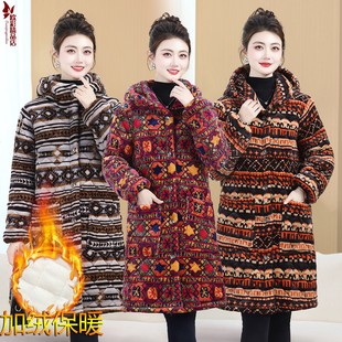 冬天防风连帽中长款棉衣女加厚保暖加绒民族风棉袄时尚外套罩衣