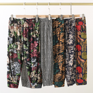 子中老年妈妈夏薄高弹力 花裤 老年人奶奶冰丝九分裤 七分女灯笼中裤
