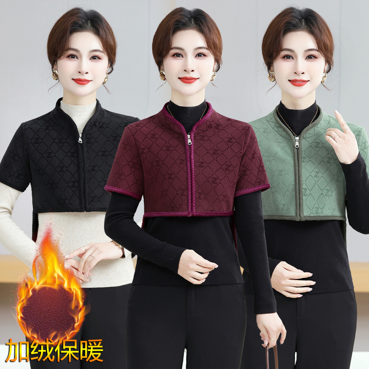 2025中老年女装妈妈装短袖马甲加绒内胆护腰燕尾护肩拉链秋冬马夹