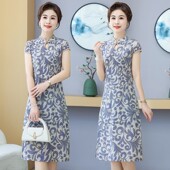 连衣裙改良旗袍时尚 新款 气质复古过膝开叉裙子 夏季 短袖 妈妈装 中式
