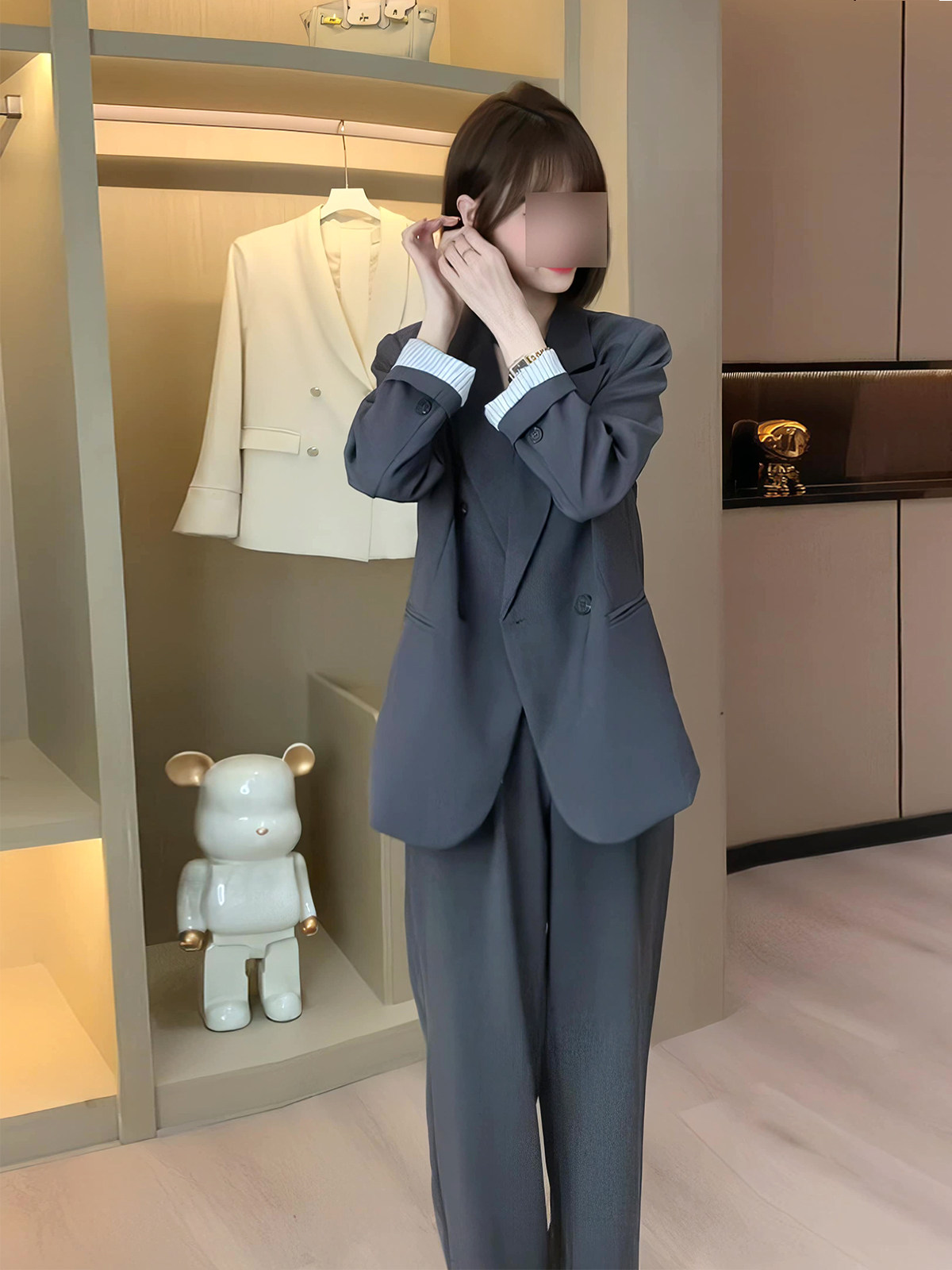 가을 캐주얼 패션 정장 여성의 새로운 디자인 회색 정장 재킷 슬리밍 넓은 다리 바지 투피스 세트