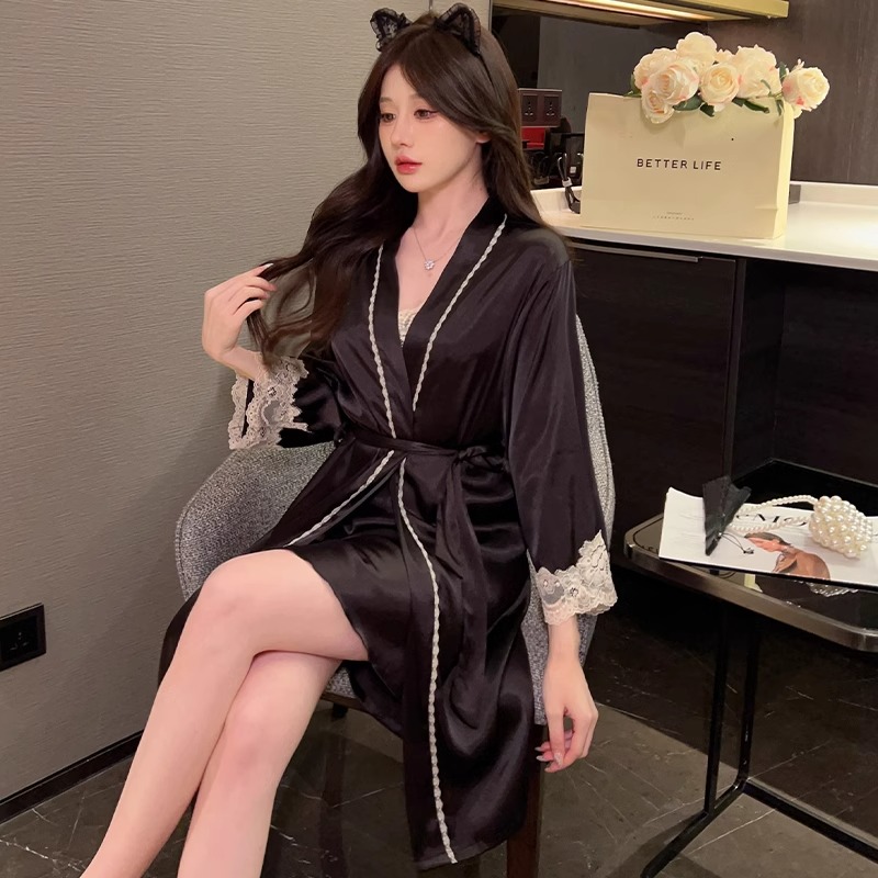 Long sleeve robe Ice silk camisole Sleeping clothes and skirts Girls Spring and Autumn Thin money sexy Summer style Home Furnishings Two piece suit