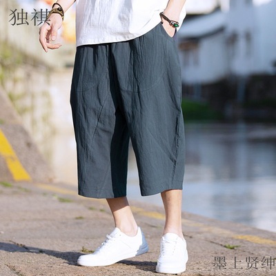 亚麻七分裤男夏季薄款宽松大码棉麻裤子2023新款中国风8八分短裤