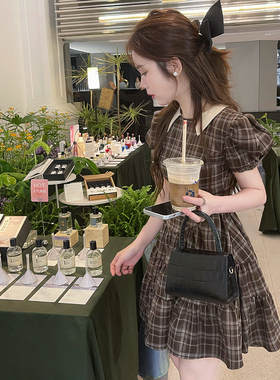 DAC【爱洛可可】2024夏季新款短袖格子连衣裙英伦复古风蓬蓬短裙