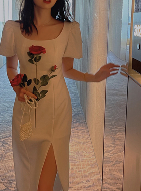 DAC 2024春夏新款简约高级感泡泡袖连衣裙纯色方领修身A字长裙女