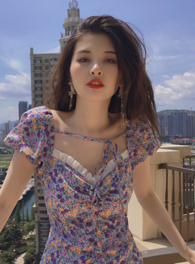 DAC 2024夏新温柔气质长短款泡泡袖裙子收腰显瘦紫色碎花连衣裙