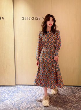 DAC 法式复古优雅长袖收腰连衣裙2024春新款碎花打底长款裙子女