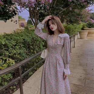 收腰设计感中长裙子 印花连衣裙春新款 DAC法式 复古女人味茶歇长袖