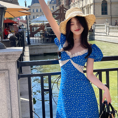 DAC 24夏季新品碎花修身显瘦百搭气质泡泡袖连衣裙长裙女