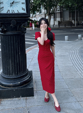 DAC 24新款纯色红波点弹力修身显白抽绳设计V领短袖连衣裙长裙女
