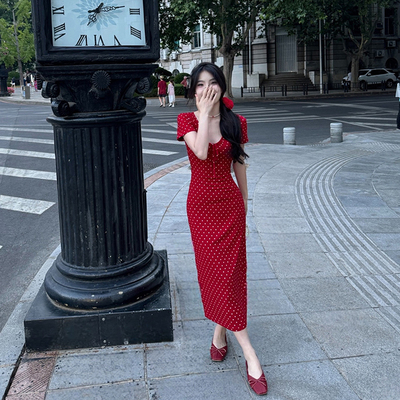 DAC 24新款纯色红波点弹力修身显白抽绳设计V领短袖连衣裙长裙女