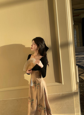 DAC【烟雨意】新中式古风设计印花长袖修身拼接连衣裙方领春秋新