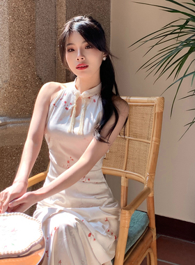 DAC 【花涧令】春夏新中式旗袍镂空盘扣设计露肩修身长款连衣裙