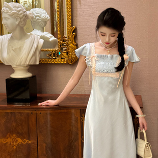 温柔风气质甜美蓝色初恋小飞袖 2025新款 A字连衣裙 半甜少女 DAC