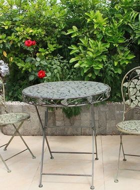 户外花园阳台绿色铁艺做旧桌椅茶几三件套酒吧咖啡厅复古怀旧