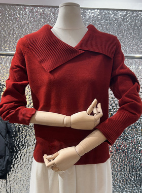 不规则翻领针织女红色2025新年毛衣加厚宽松慵懒风大码毛衣打底衫