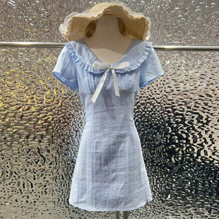 蓝色气质娃娃领连衣裙女高级小个子穿搭2026新款夏日小清新裙子