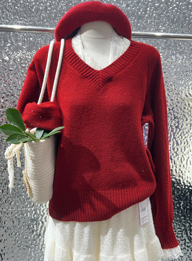 V领蝴蝶结红色毛衣女短款秋冬季2025新款内搭针织打底衫修身百搭