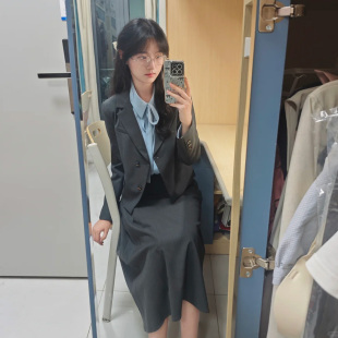 黑色西装套装女学院风小个子大学生职业正装西服套裙教资面试穿搭