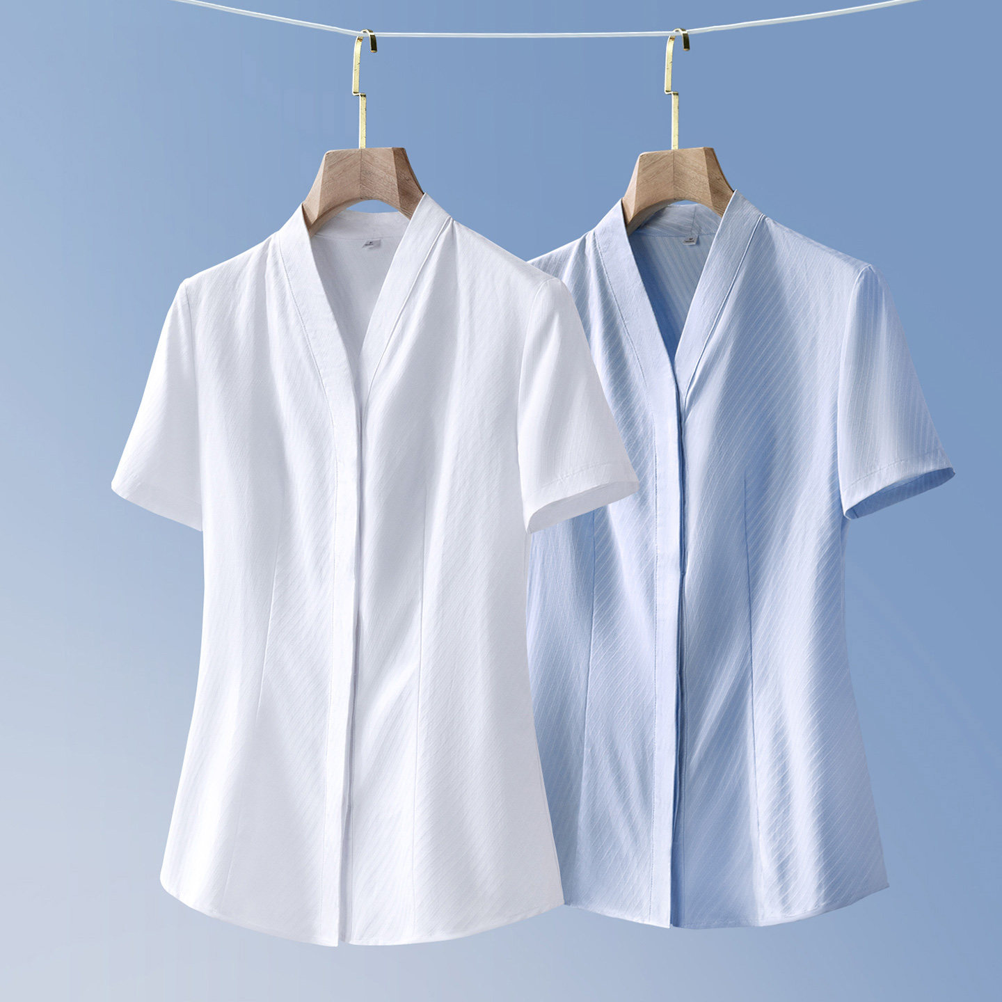 蓝色条纹衬衫女短袖夏季职业工作服气质面试V领衬衣正装空姐制服