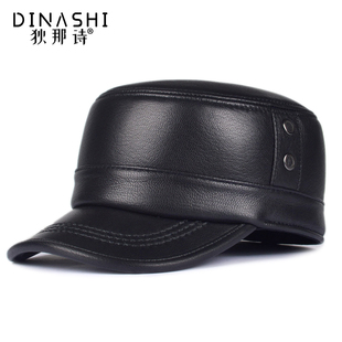 秋冬季新款加绒真皮帽子男士羊皮平顶帽休闲中老年人鸭舌帽爸爸潮